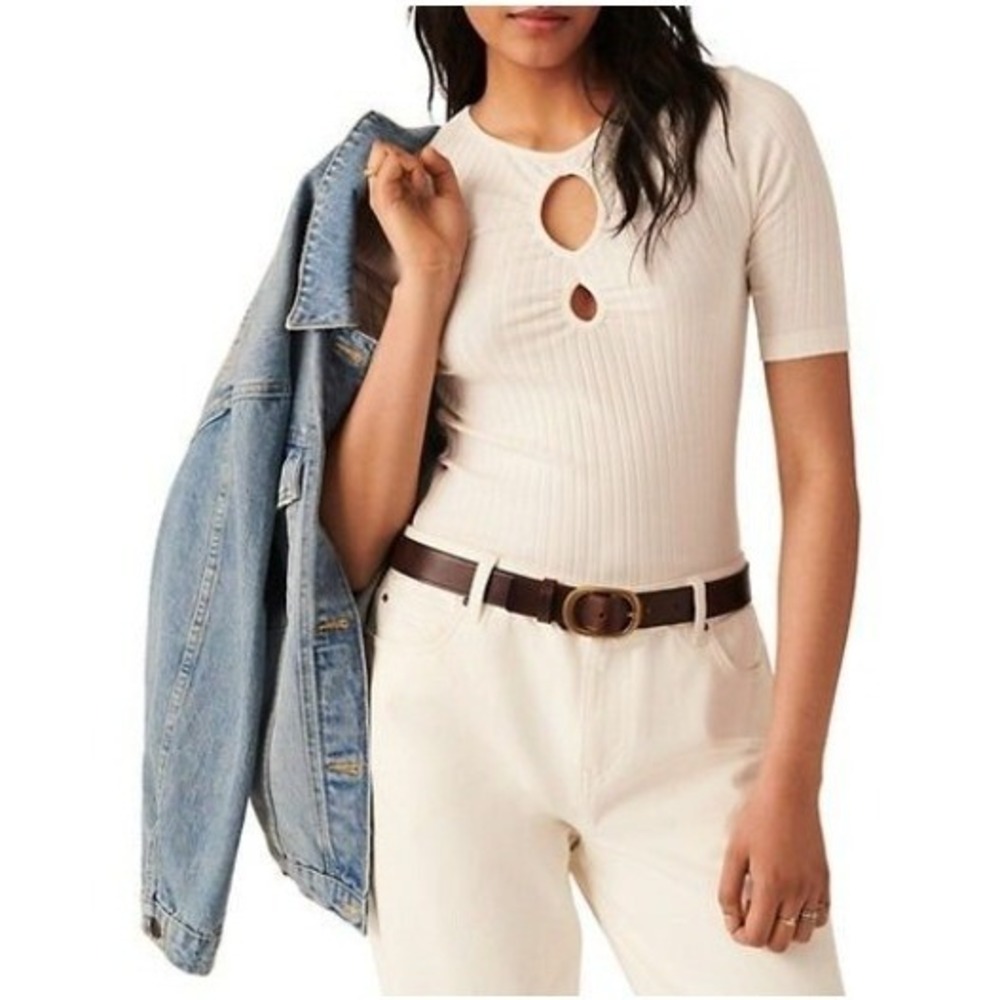 ba&sh Massiva Cut-Out Ribbed Knit Top Natural, Size 4